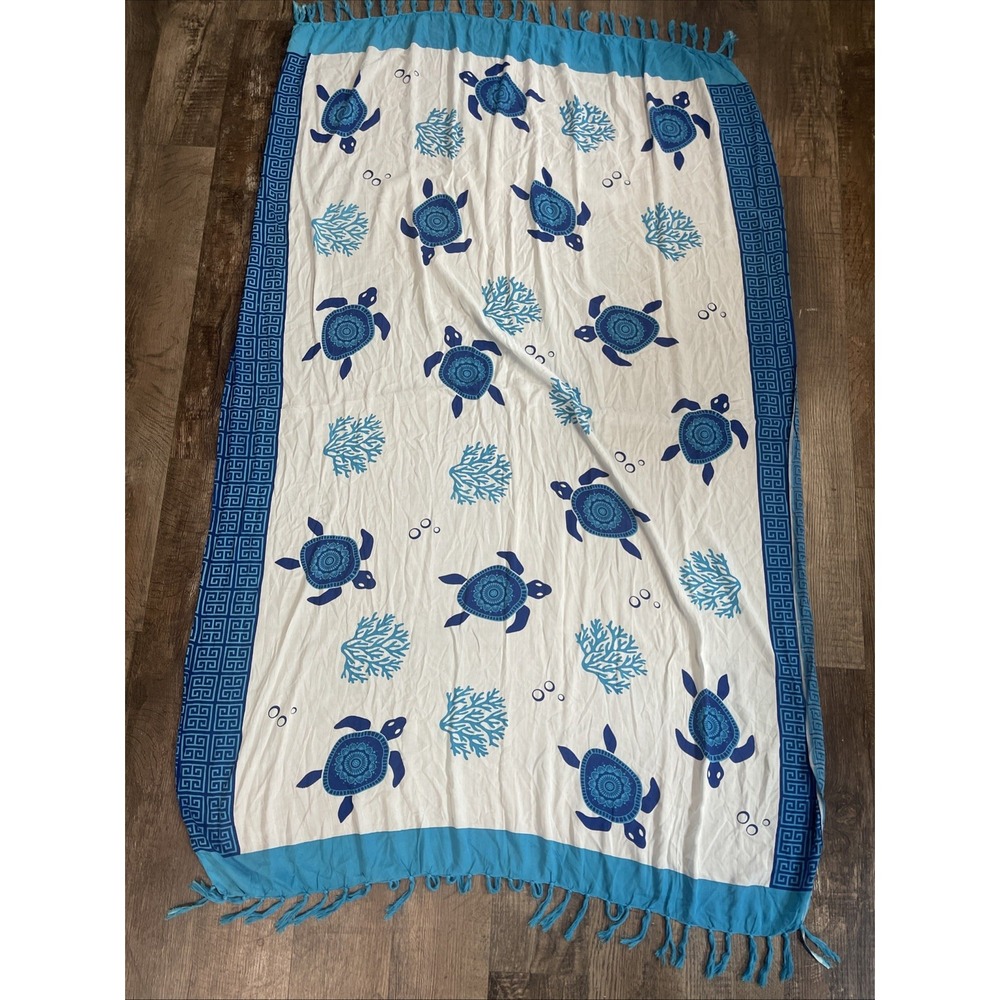 Blue/White Hawaii Scarf Cover up Turtle Seashells Print Fringe